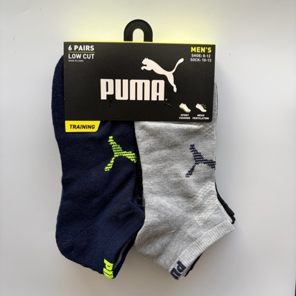 Puma men’s low cut socks 6 pack size 8-12 black gray blue yellow